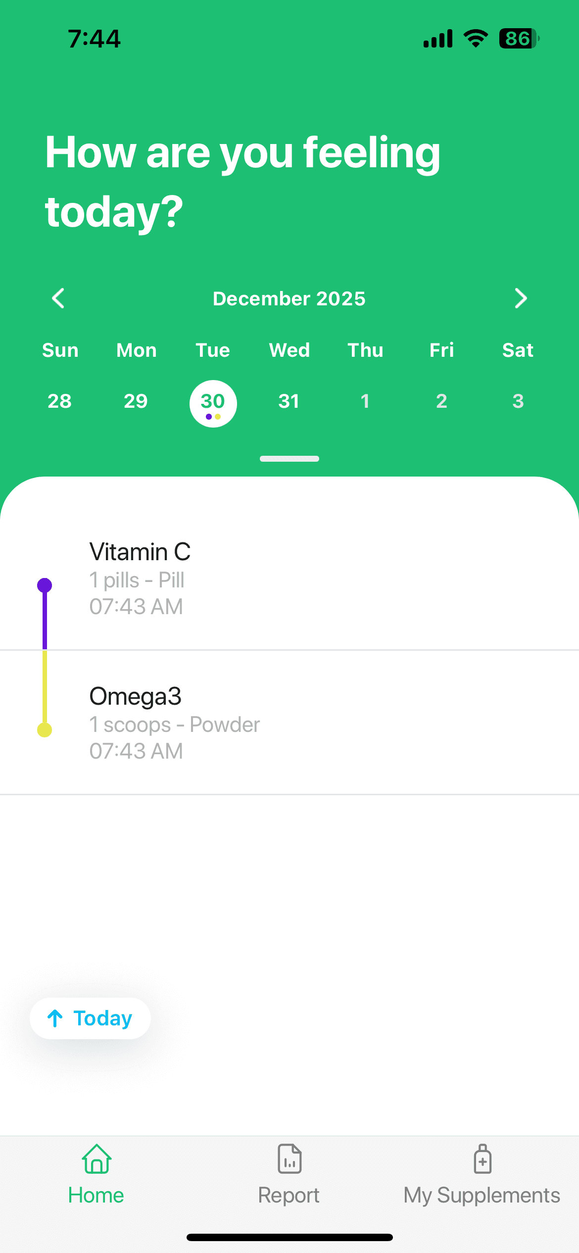 Pillmory home screen showing daily supplement tracking